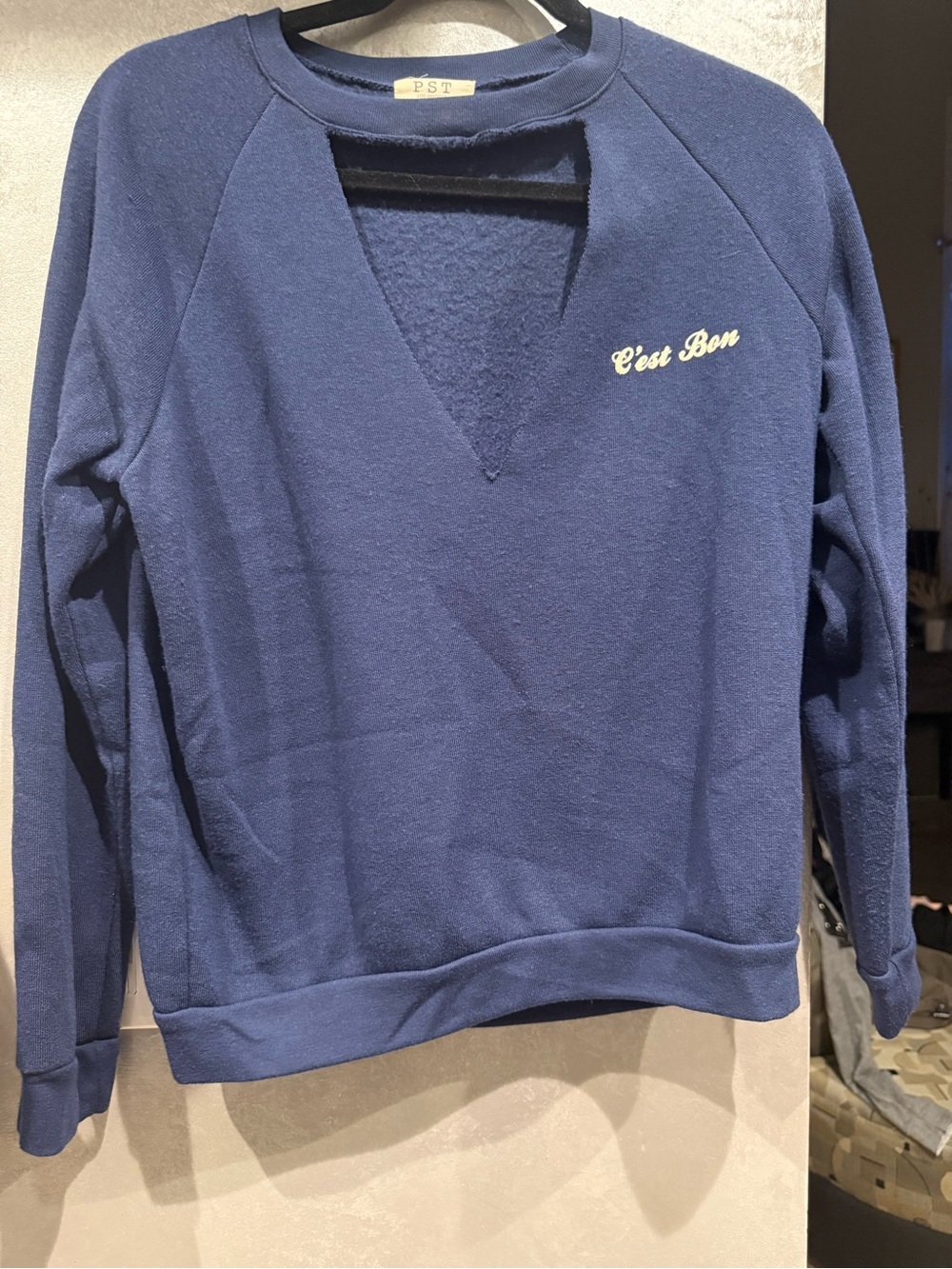 Project Social T Navy Crewneck Sweater with V-Cut and Script Logo